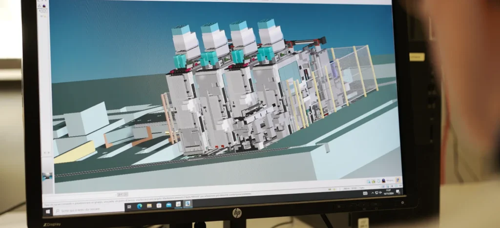 Rendering 3D di linea industriale automatizzata su schermo