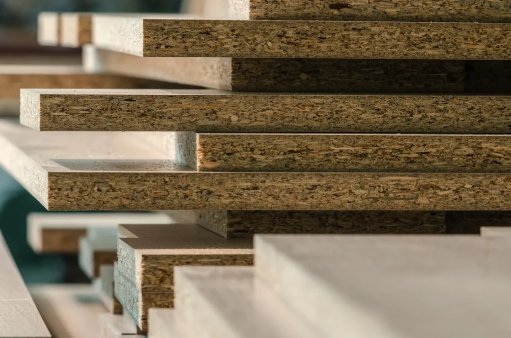 Pannelli di truciolato impilati, fotografati lateralmente per evidenziare la stratificazione.